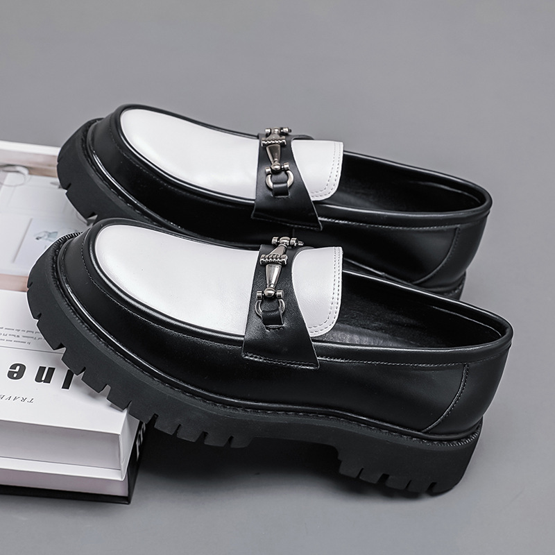 Men Shoes Official - รองเท้าโลฟเฟอร์แบบหัวเข็มขัดโลหะสไตล์อังกฤษสำหรับผู้ชาย รองเท้าแต่งงานพื้นหนา รองเท้าทางการธุรกิจแบบใหม่ รองเท้าหนังสวมสบายแบบลำลอง