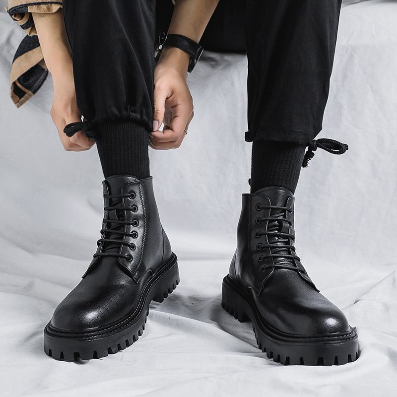 Men'S Shoes Increase Height - รองเท้าบูทหนังหุ้มข้อผู้ชาย สไตล์อังกฤษ แฟชั่นย้อนยุค พื้นหนา เพิ่มความสูง รองเท้าบูทหุ้มข้อสำหรับฤดูใบไม้ผลิและฤดูใบไม้ร่วง