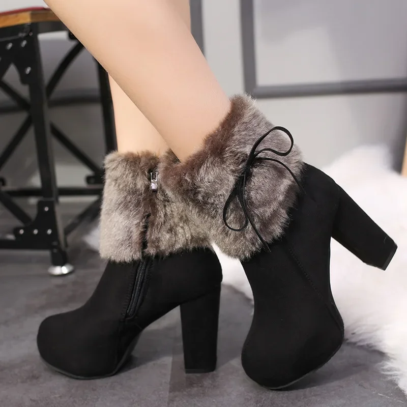 Winter Boot Insulated - Plus ขนาดฤดูหนาวซิปด้านข้าง Chunky Heel รองเท้าสั้นสําหรับผู้หญิง Plus
