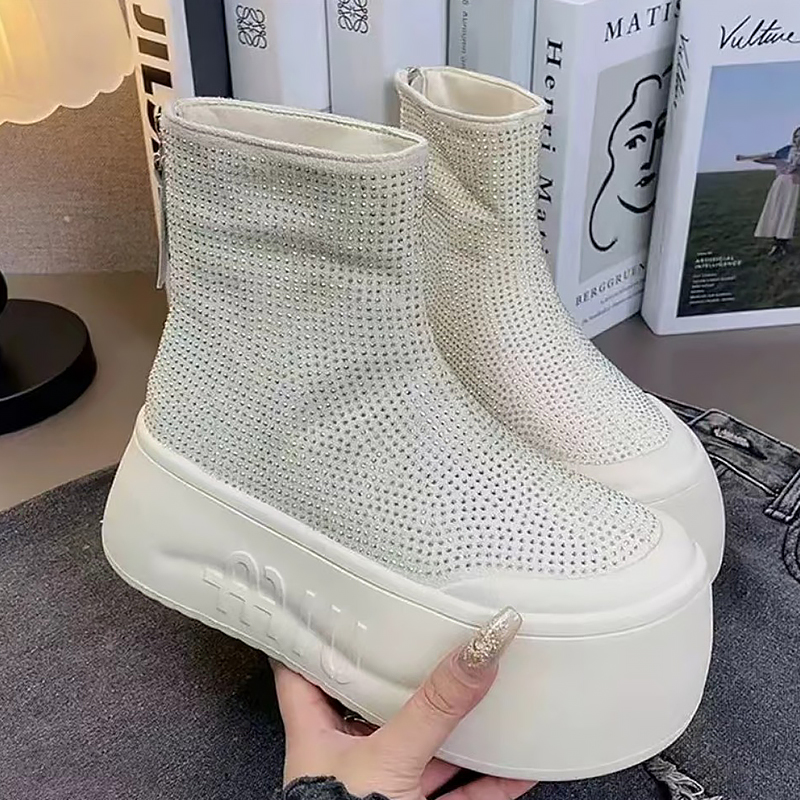 Winter Boot Insulated - รองเท้าบูทผู้หญิงประดับเพชรหรูหรา แฟชั่นพื้นหนาบุขนอุ่น รองเท้าบูทฤดูหนาวผู้หญิง น้ำหนักเบา สวมใส่สบาย วัสดุ