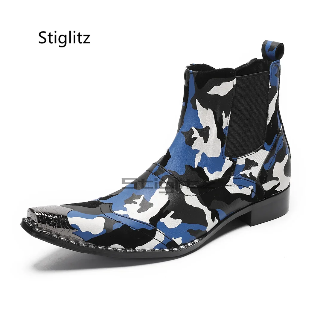 Men'S Shoes Black And White - สีฟ้าสีดำสีขาวพิมพ์ลายรองเท้าบูทผู้ชายสไตล์อังกฤษย้อนยุคหนังแท้รองเท้าบูทหุ้มข้อโลหะหัวรองเท้ากราฟฟิตี้เชลซีบูทรองเท้าชาย