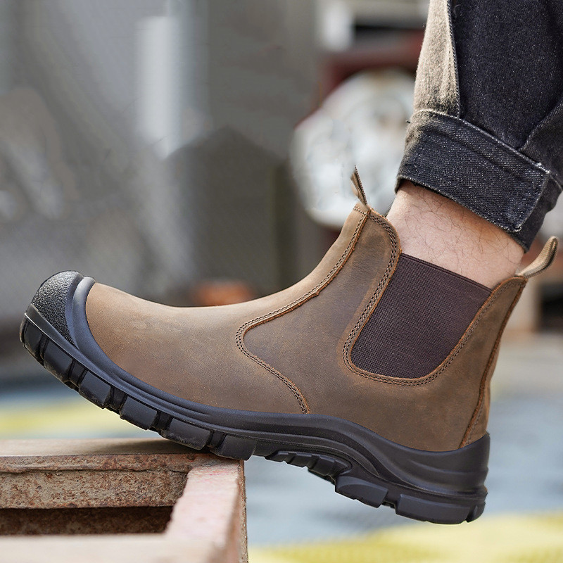 Men Shoes Trends - ผู้ชายขนาดใหญ่แฟชั่น Steel Toe ครอบคลุมรองเท้าทํางานหนังวัวความปลอดภัยรองเท้าสีดําสีน้ําตาล WORKER เชลซี