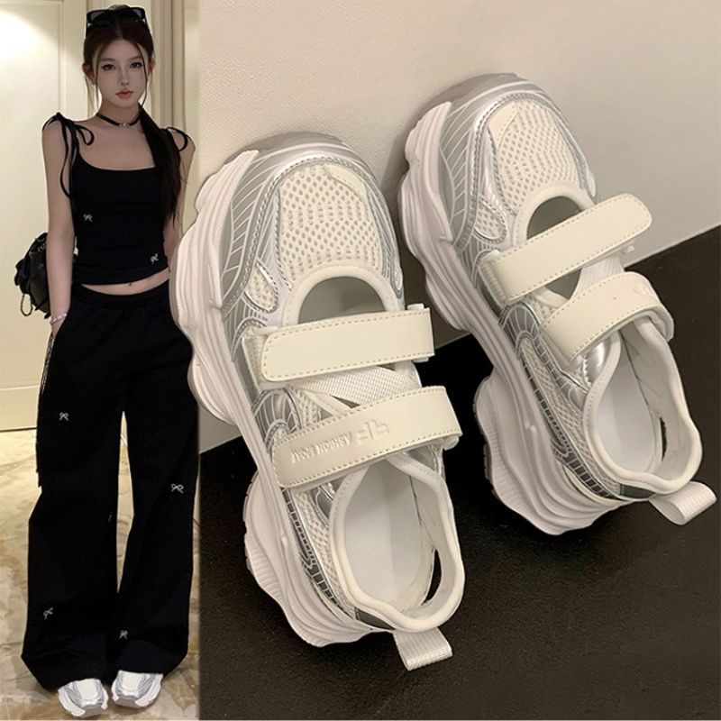 Velcro Strap Sandal - รองเท้าแตะแพลตฟอร์มสีเงินเมทัลลิกแบบโปร่งสำหรับผู้หญิง สายรัดเวลโครคู่ ตาข่ายระบายอากาศ พื้นหนา รองเท้ากีฬาเดินเล่นกลางแจ้ง
