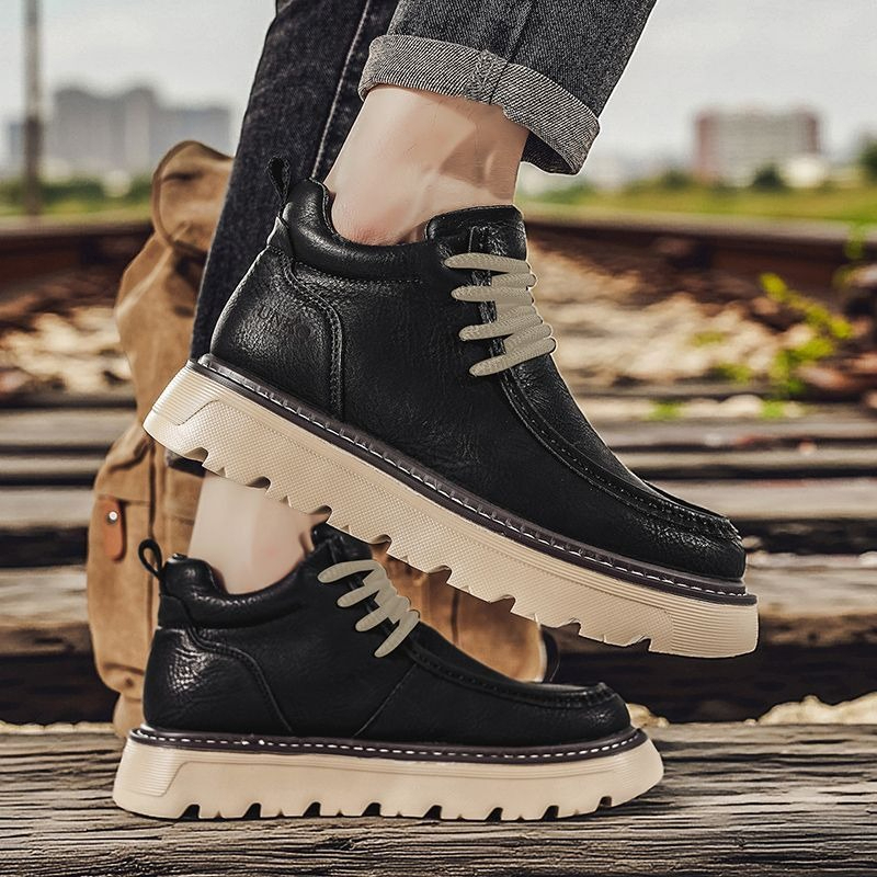 Men Shoes Trends - รองเท้าบูทเชลซีสำหรับผู้ชายในฤดูหนาว สไตล์อังกฤษ พื้นหนาเพิ่มความสูง ให้ความอบอุ่น ลำลอง กันลื่น