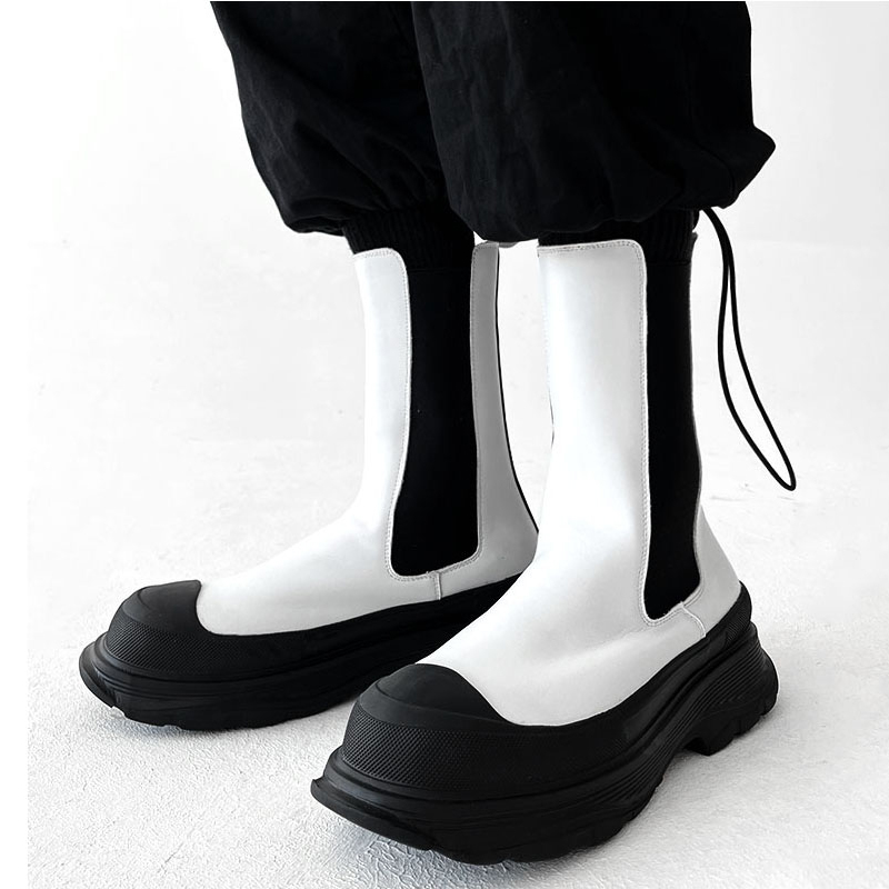Men'S Shoes Black And White - รองเท้าบูทเชลซีทรงสูงสไตล์พังก์สำหรับผู้ชาย รองเท้าดีไซเนอร์สีดำขาว รองเท้าบูทหนังแท้สไตล์คาวบอย ดีไซน์ทันสมัย พื้นหนา
