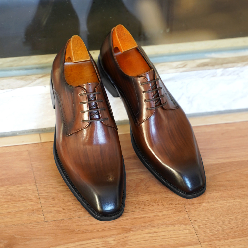 Men Shoes Official - ผู้ชายธุรกิจรองเท้า Distressed ไม้ GRAIN Square Toe