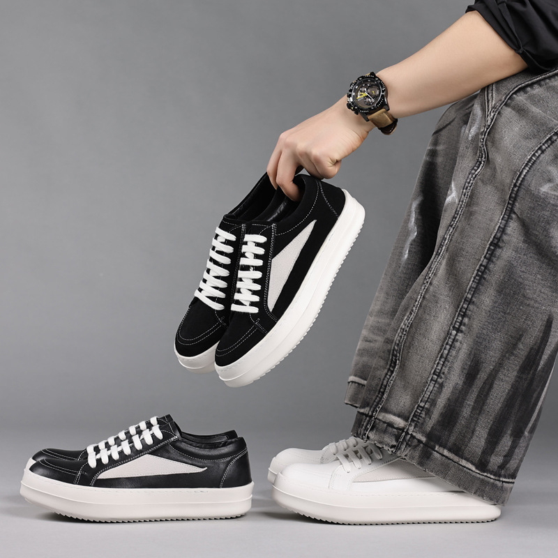 Men'S Shoes Black And White - รองเท้าผ้าใบหนังแท้สีดำสำหรับผู้ชาย แต่งด้วยหนังกลับสีขาว ทรงเตี้ย แบบผูกเชือก สไตล์ลำลอง สำหรับสตรีทแวร์