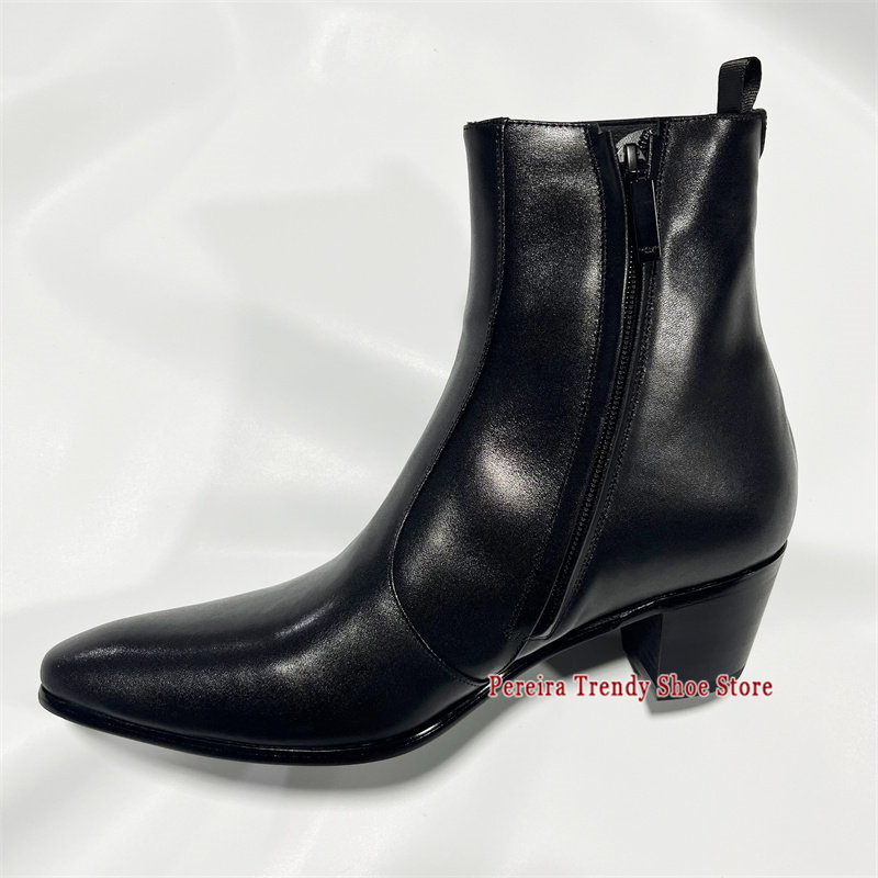 Men'S Shoes Black And White - รองเท้าบูทเชลซีหนังวัวแท้สไตล์อังกฤษ ส้นหนา 6 ซม. สีดำขาว พร้อมซิปด้านข้าง
