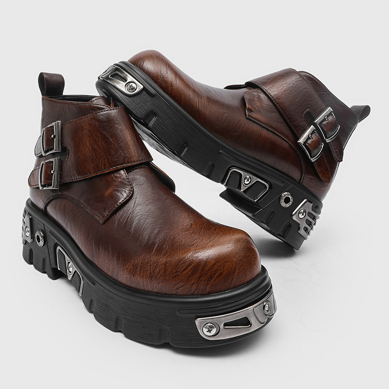 Men Shoes Trends - รองเท้าบูทแฟชั่นพังก์กอธทรงสูงสำหรับผู้ชายไซส์ใหญ่ สีเงิน สีน้ำตาล รองเท้าดีไซน์เนอร์ รองเท้าบูทคาวบอยแบบส้นตึก หัวเข็มขัดคู่