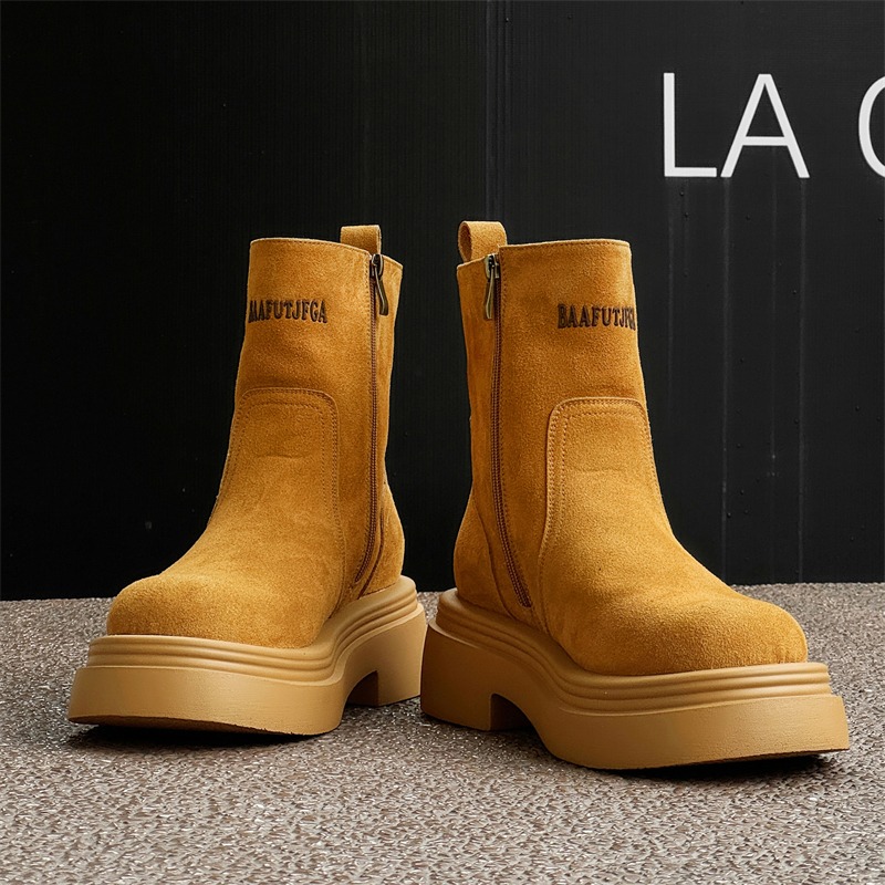 Men'S Shoes Increase Height - รองเท้าบูทสั้นสไตล์คู่รัก ทรงหัวมน แบบยุโรปอเมริกา ย้อนยุค พื้นหนา ซิปด้านข้าง